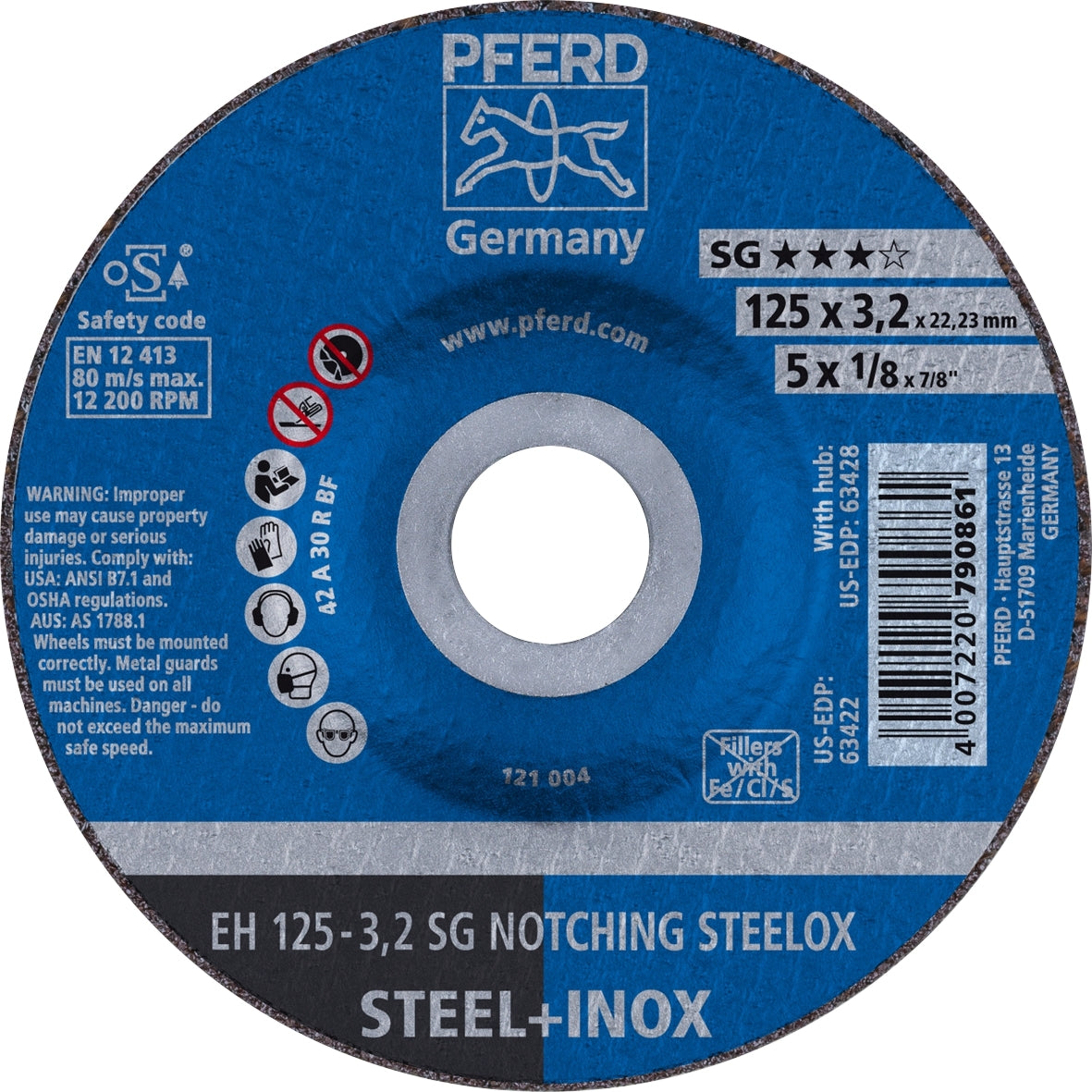 PFERD - Pipe Notching Cut-Off Wheels Premium - Raised Hub - STEEL EH 125-3.2 A 46 R SG-INOX | 69900064 1