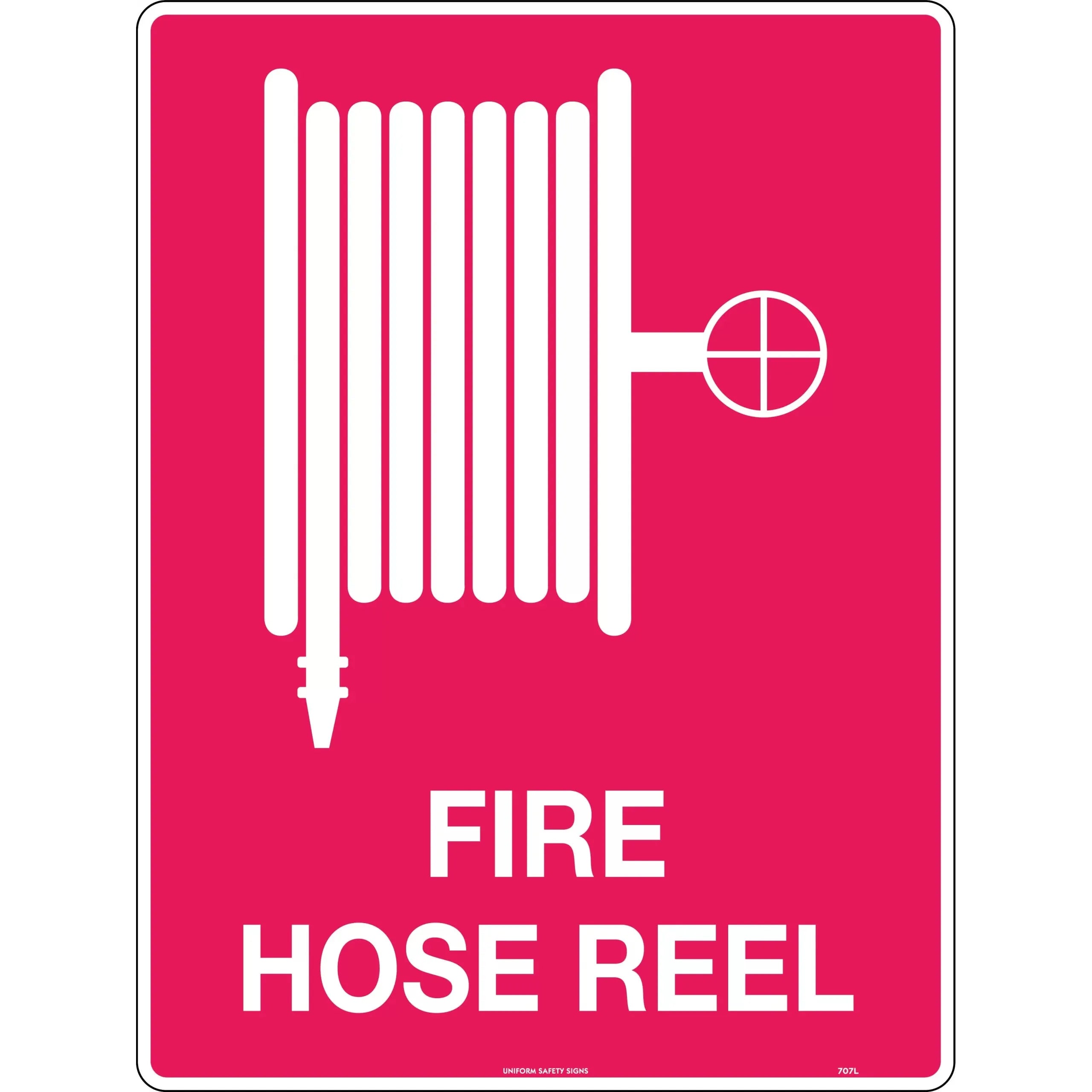 Uniform Safety Signs - 240x180mm - Self Adhesive - Red/Wht - Fire Hose Reel (with pictogram) | 707DA
