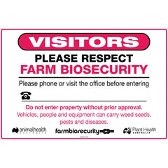 Uniform Safety Signs - 800x600mm - Corflute - Visitors Please Respect Farm Biosecurity | 765ELC