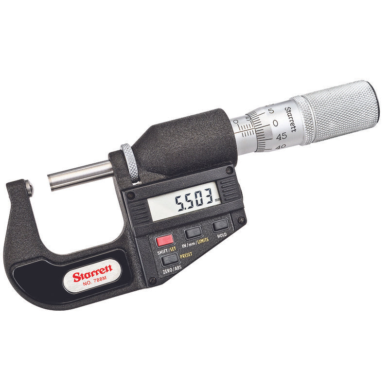 Starrett - Micrometer Elec. Dig. W/output 0-25mm (0-1in) Carbide Faces Rounded Anvil | 788MEXFL