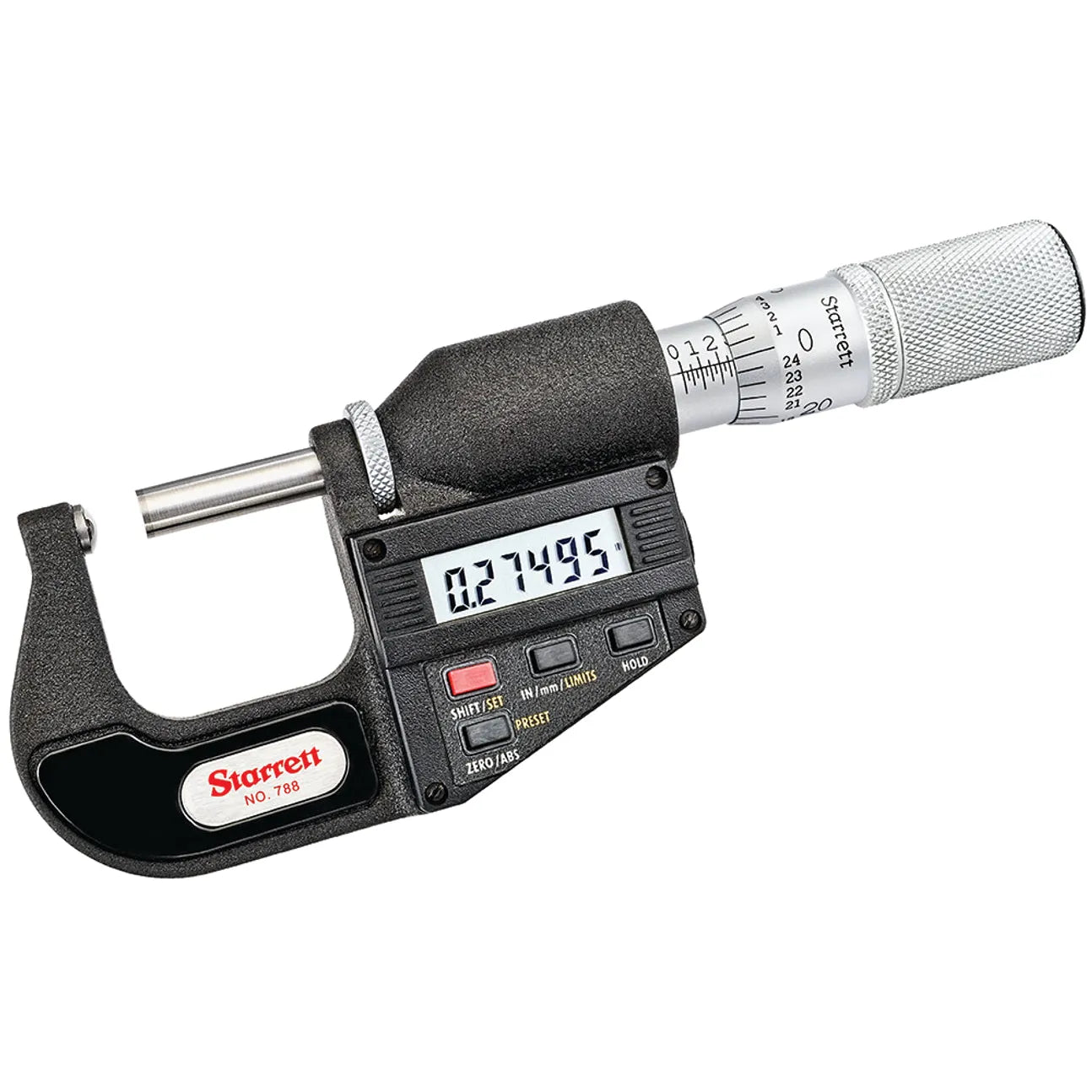 Starrett - Micrometer Elec. Dig. W/output 0-1in (0-25mm) Carbide Faces Rounded Anvil | 788XFL