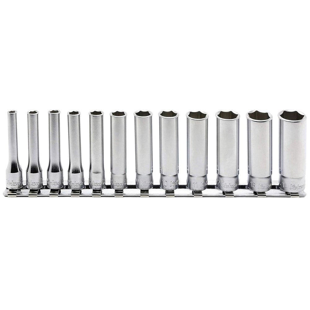 Koken - 12pc Socket Set On Rail 1/4" Drive 6 Point 4mm-14mm