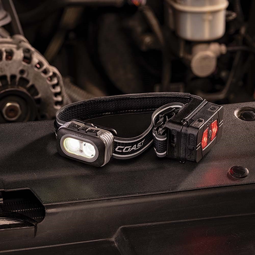 Coast - RL20RB Rechargeable Tri Colour LED Headlamp with Red Rear Lighting + Booster Battery - 1000 Lumens