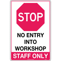 Uniform Safety Signs - 600x400mm - Metal - Stop No Entry Into Workshop Staff Only | 837LM