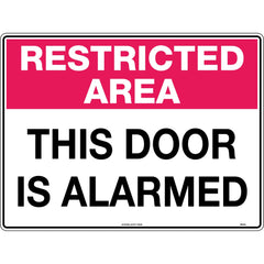 Uniform Safety Signs - 450x300mm - Metal - Restricted Area This Door is Alarmed | 8903LSM