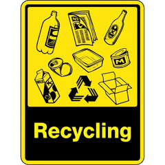 Uniform Safety Signs - 300x225mm - Self Adhesive - Recycling [WIth Bottles, Cans & Cardboard Recycling Picto] | 8910MA