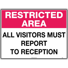 Uniform Safety Signs - 600x400mm - Poly - Restricted Area All Visitors Must Report To Reception | 894LP