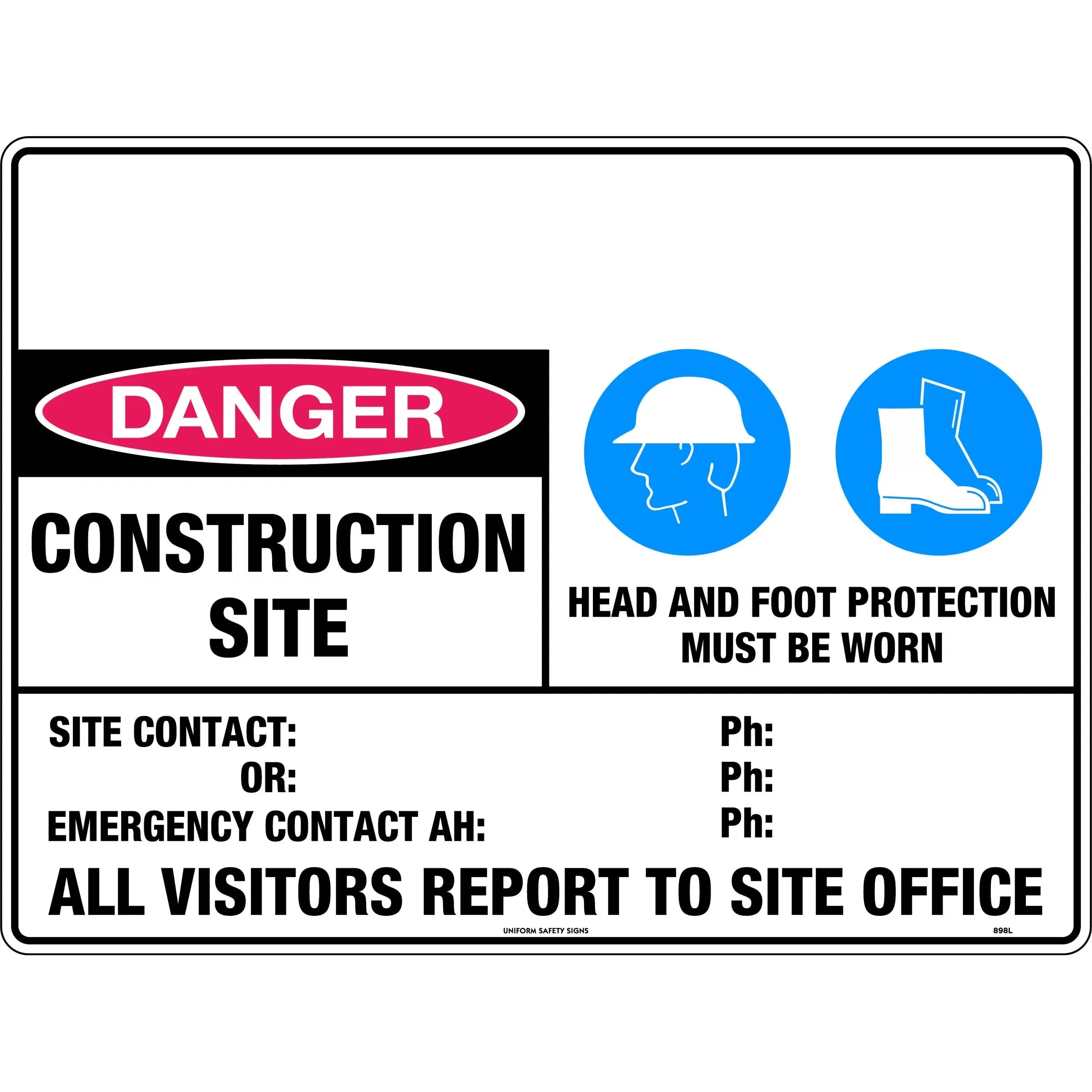 Uniform Safety Signs - 600x400mm - Poly - Danger Construction Site Head and Foot Protection Must Be Worn Etc. | 898LP