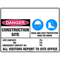 Uniform Safety Signs - 600x400mm - Poly - Danger Construction Site Head and Foot Protection Must Be Worn Etc. | 898LP