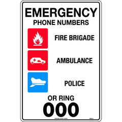 Uniform Safety Signs - 450x300mm - Poly - Emergency Phone Numbers or Ring 000 | 960LSP