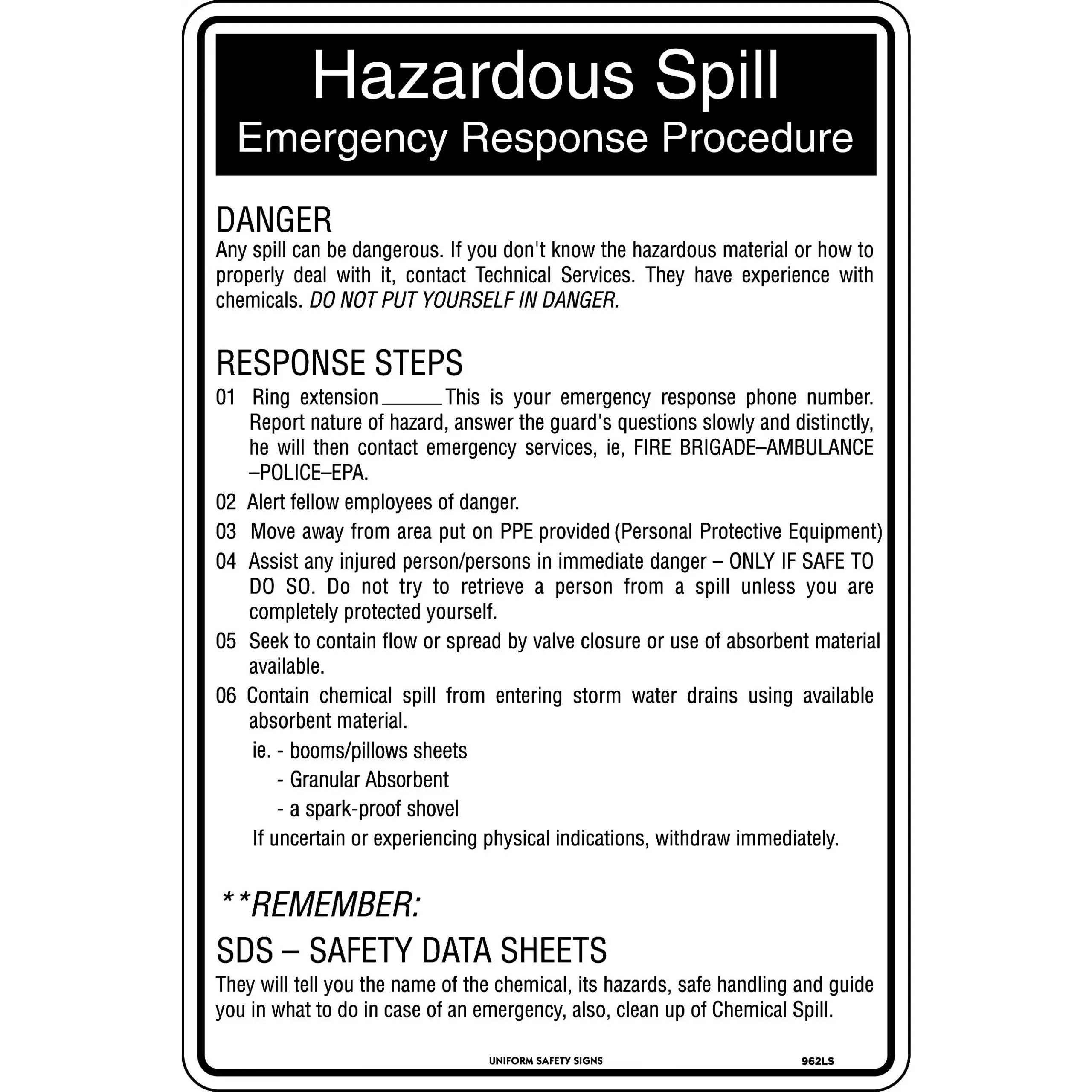Uniform Safety Signs - 450x300mm - Metal - Hazardous Spill Emergency Response Procedure | 962LSM