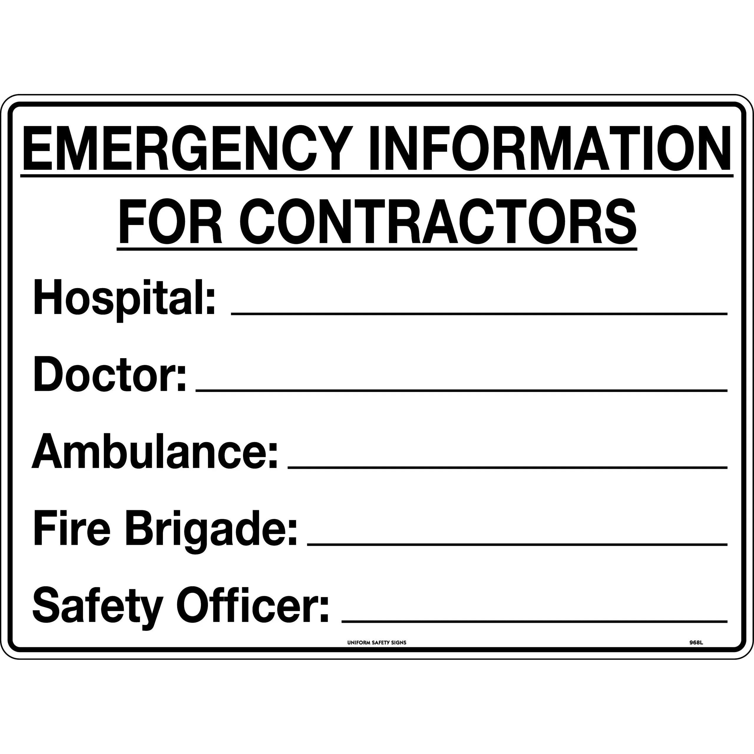 Uniform Safety Signs - 600x400mm - Metal - Emergency Information for Contractors | 968LM