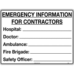 Uniform Safety Signs - 600x400mm - Metal - Emergency Information for Contractors | 968LM