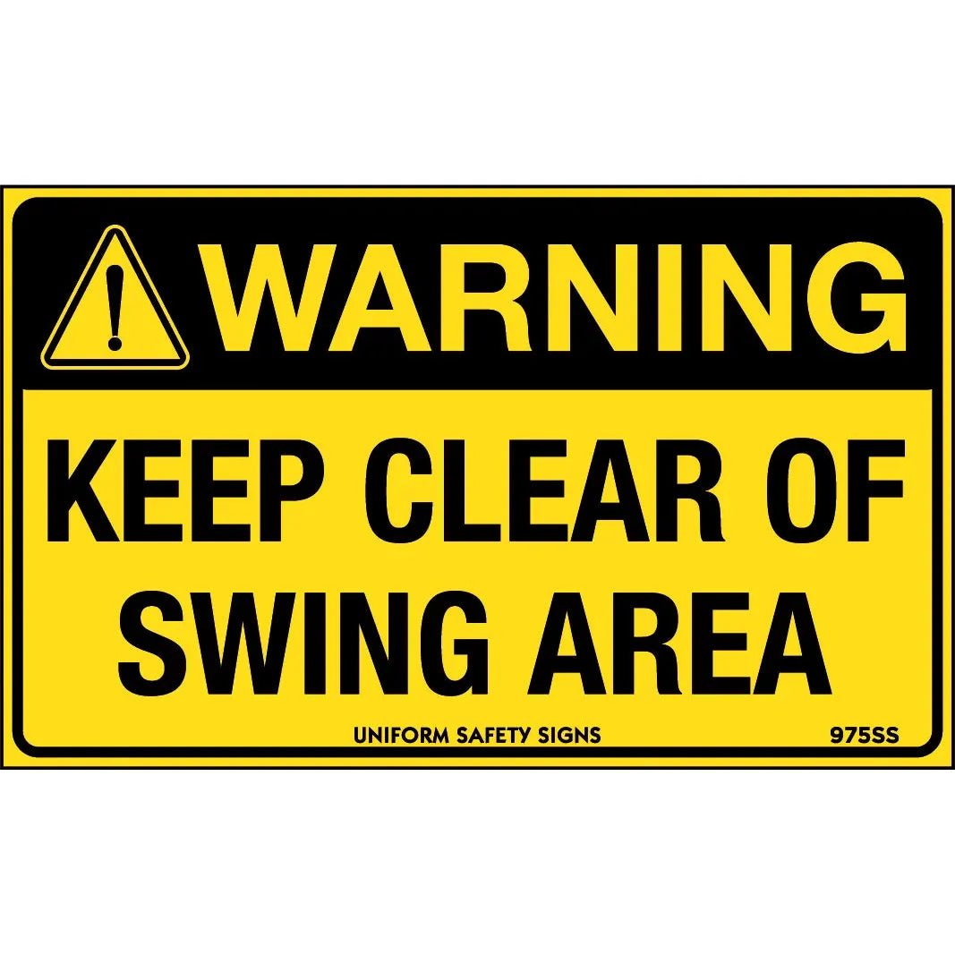 Uniform Safety Signs - 90x55mm - Self Adhesive - Pkt of 10 - Warning Keep Clear of Swing Area | 975SSA
