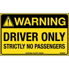 Uniform Safety Signs - 90x55mm - Self Adhesive - Pkt of 10 - Warning Driver Only Strictly No Passengers | 976SSA