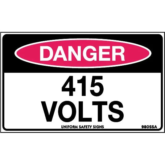 Uniform Safety Signs - 90x55mm - Self Adhesive - Pkt of 10 - Danger 415 Volts | 980SSA
