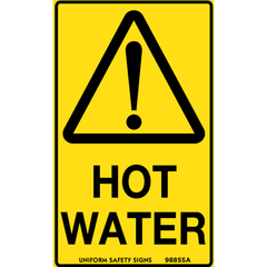 Uniform Safety Signs - 90x55mm - Self Adhesive - Pkt of 10 - Caution Hot Water | 988SSA
