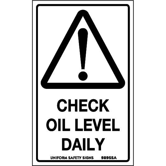 Uniform Safety Signs - 90x55mm - Self Adhesive - Pkt of 10 - Check Oil Level Daily | 989SSA