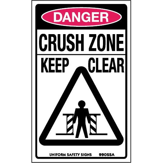 Uniform Safety Signs - 90x55mm - Self Adhesive - Pkt of 10 - Danger Crush Zone Keep Clear | 990SSA
