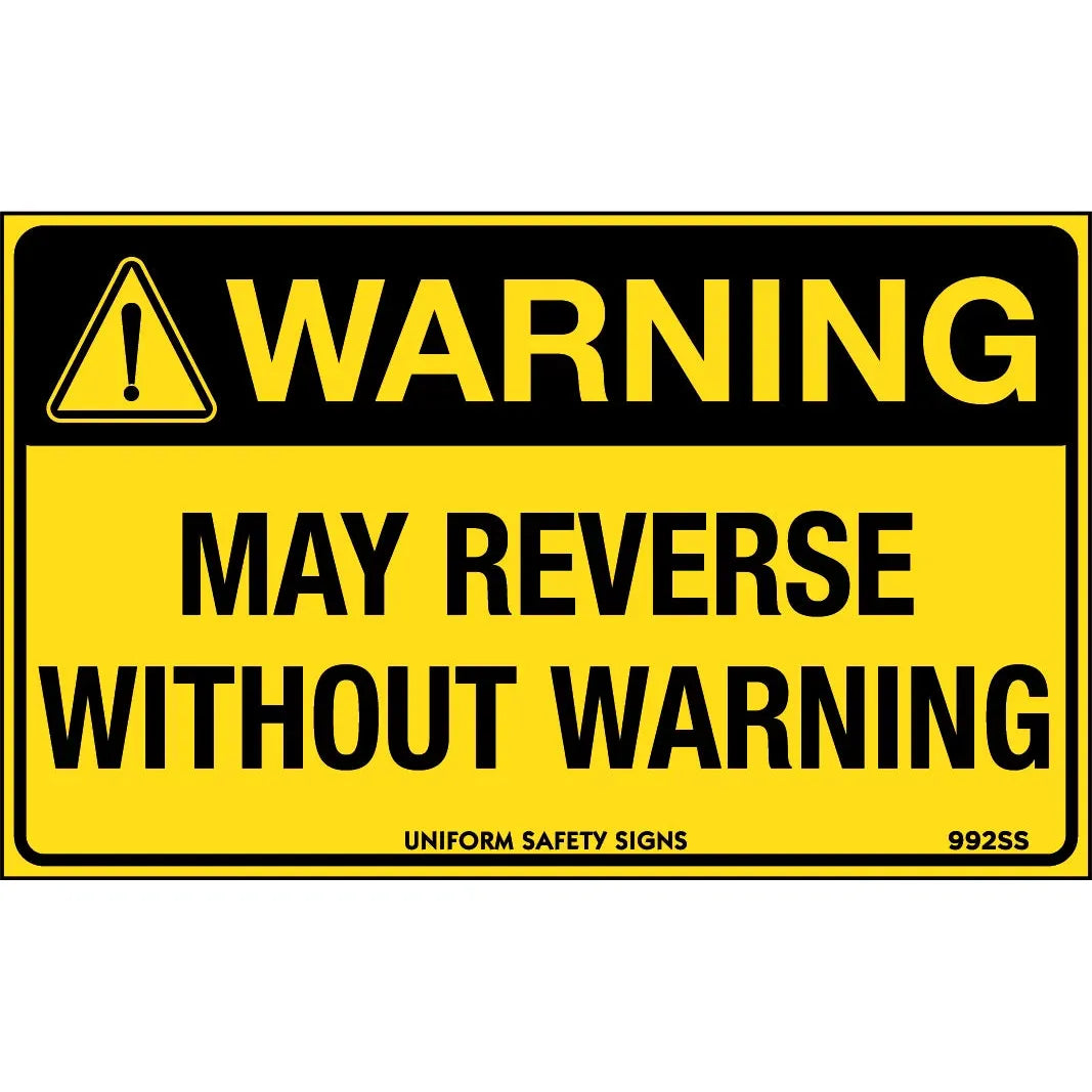 Uniform Safety Signs - 90x55mm - Self Adhesive - Pkt of 10 - Warning May Reverse Without Warning | 992SSA