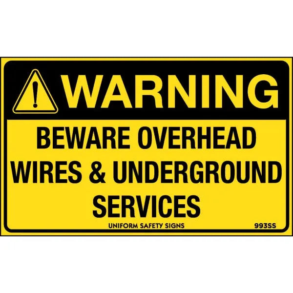 Uniform Safety Signs - 90x55mm - Self Adhesive - Pkt of 10 - Warning Beware Overhead Wires and Underground Services | 993SSA