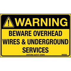 Uniform Safety Signs - 90x55mm - Self Adhesive - Pkt of 10 - Warning Beware Overhead Wires and Underground Services | 993SSA