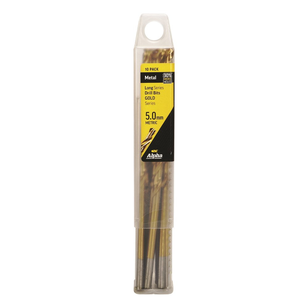 Alpha - 5.0mm Long Series Drill Bit - Gold OAL 152mm) Bulk 10 Pack