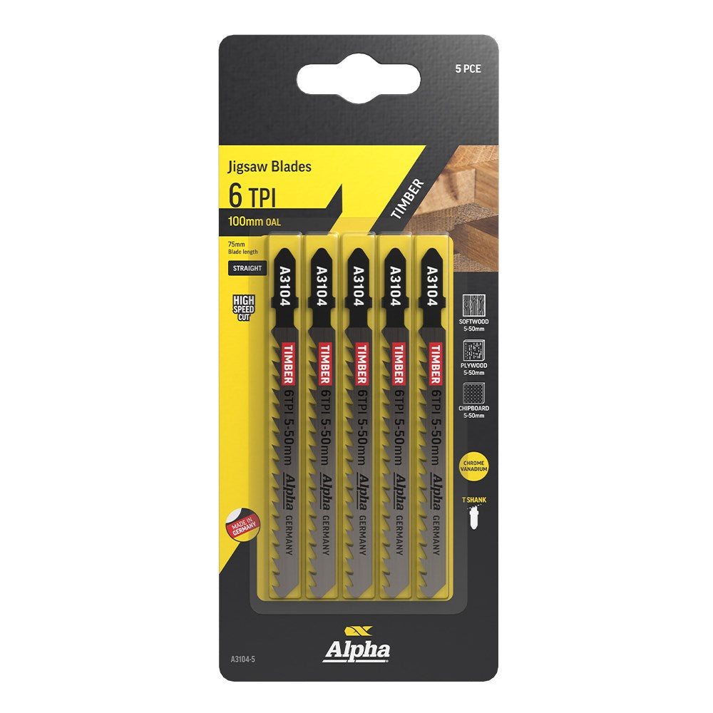 Alpha - 100mm Jigsaw Blade 6 TPI High Speed Cut Cv (x5)