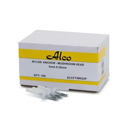 Alco - NYLON NAIL ANCHORS MUSHROOM HEAD 5x25mm PK 100 | ALCFTIM525P