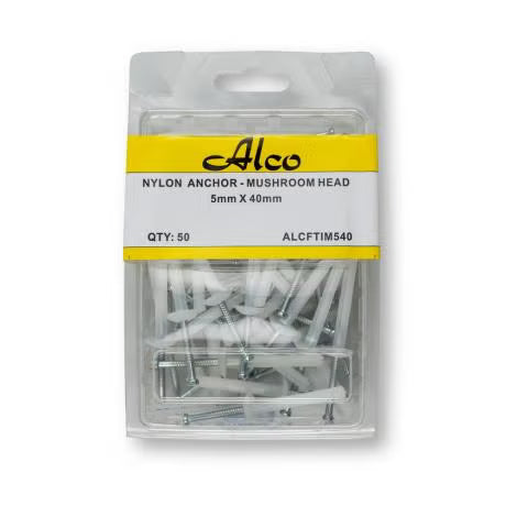 Alco - NYLON NAIL ANCHORS MUSHROOM HEAD 5x40mm PK 50 | ALCFTIM540