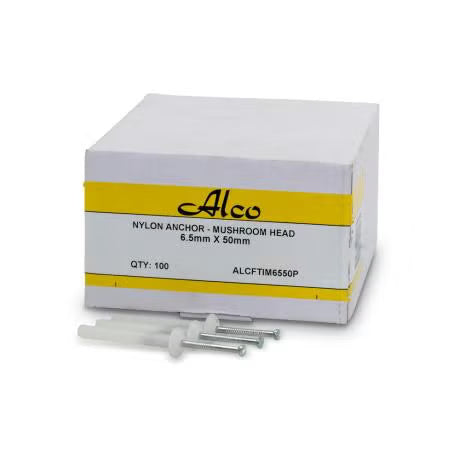 Alco - NYLON NAIL ANCHORS MUSHROOM HED 6.5x50mm PK 100 | ALCFTIM6550P