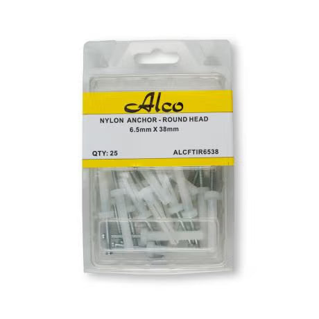 Alco - NYLON NAIL ANCHORS ROUND HEAD 6.5x38mm PK 50 | ALCFTIR6538