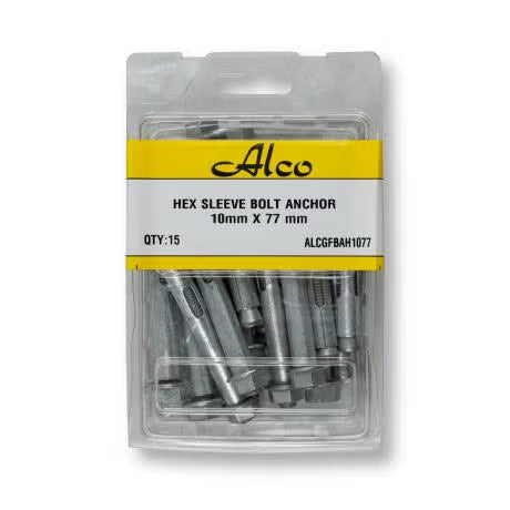 Alco - HEX HEAD SLEEVE BOLT MECH GAL 10mm x77mm PK 15 | ALCGFBAH1077