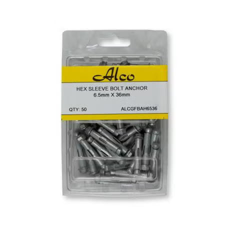 Alco - HEX HED SLEEVE BOLT MECH GAL 6.5mm x36mm PK 50 | ALCGFBAH6536