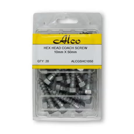 Alco - HEX HEAD COACH SCREW GALV 10mm x 50mm PK 20 | ALCGSHC1050