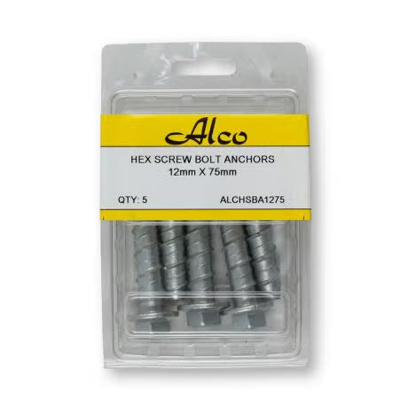 Alco - HEX SCREW BOLT ANCHORS MECH GAL 12mm x75 PK 5 | ALCHSBA1275
