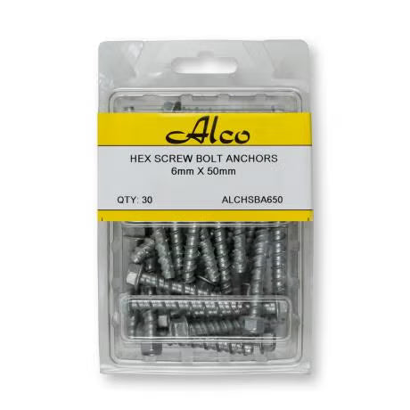 Alco - HEX SCREW BOLT ANCHORS MECH GAL 6mm x 50 PK 30 | ALCHSBA650