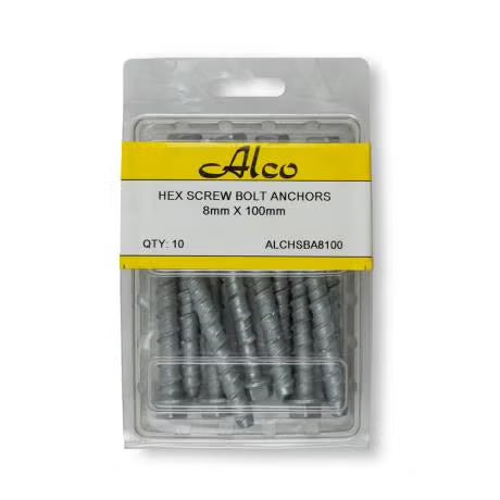 Alco - HEX SCREW BOLT ANCHORS MECH GAL 8mm x100 PK 10 | ALCHSBA8100