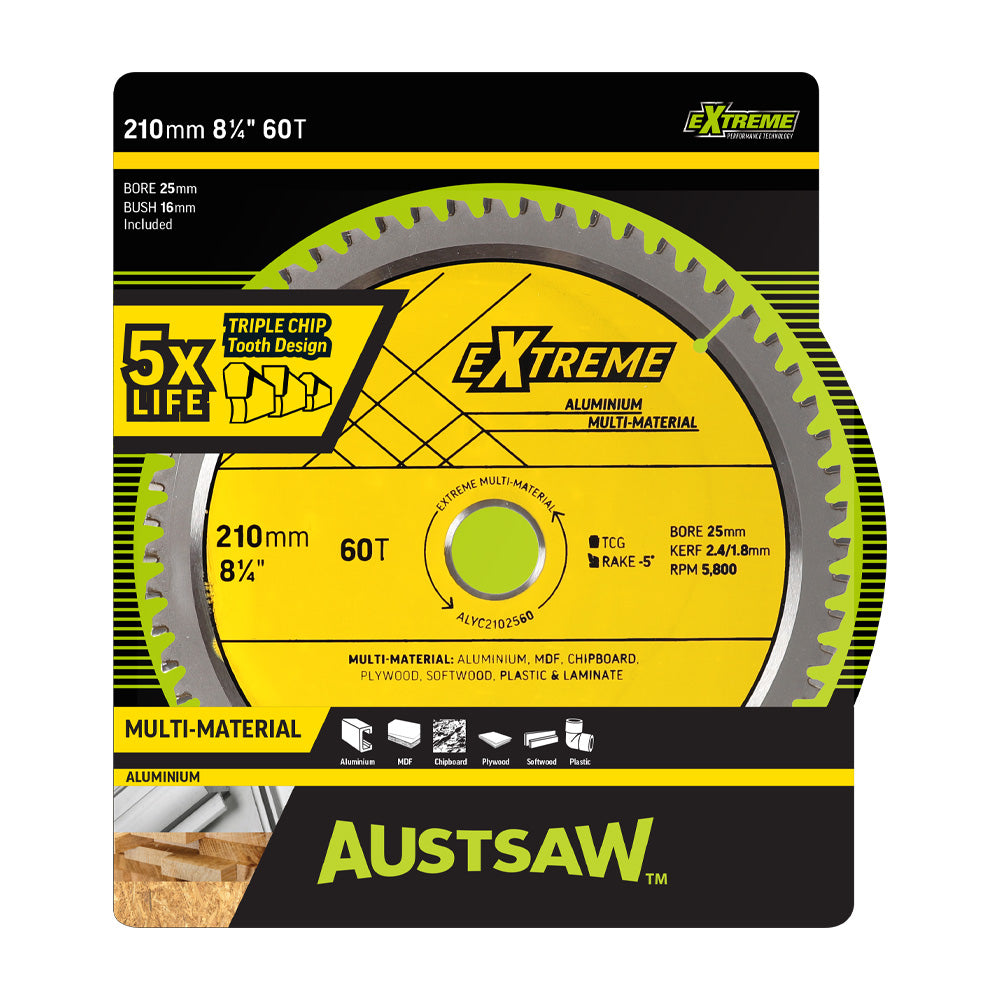 Austsaw- 210mm (8 1/4in) Aluminium Blade Triple Chip - 25/16mm Bore - 60 Teeth