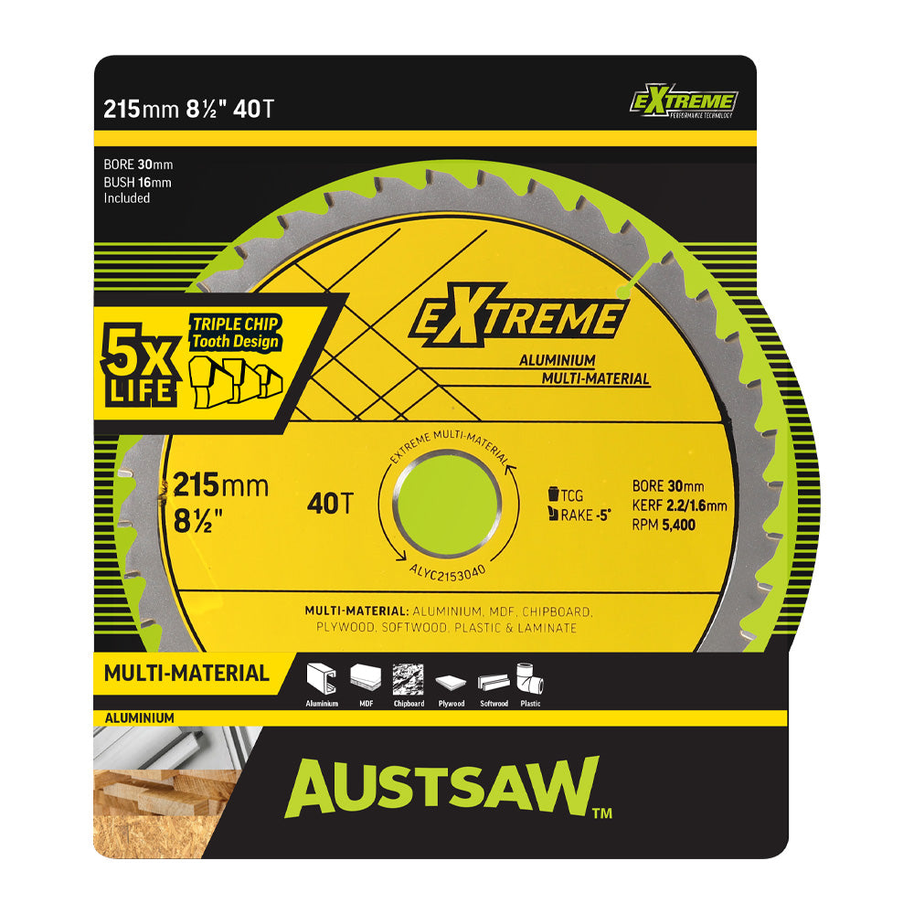 Austsaw- 215mm (8 1/2in) Aluminium Blade Triple Chip - 30mm Bore - 40 Teeth
