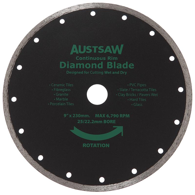 Austsaw- 230mm(9in) Diamond Blade Continuous Rim - 25/22.2mm Bore - Continuous