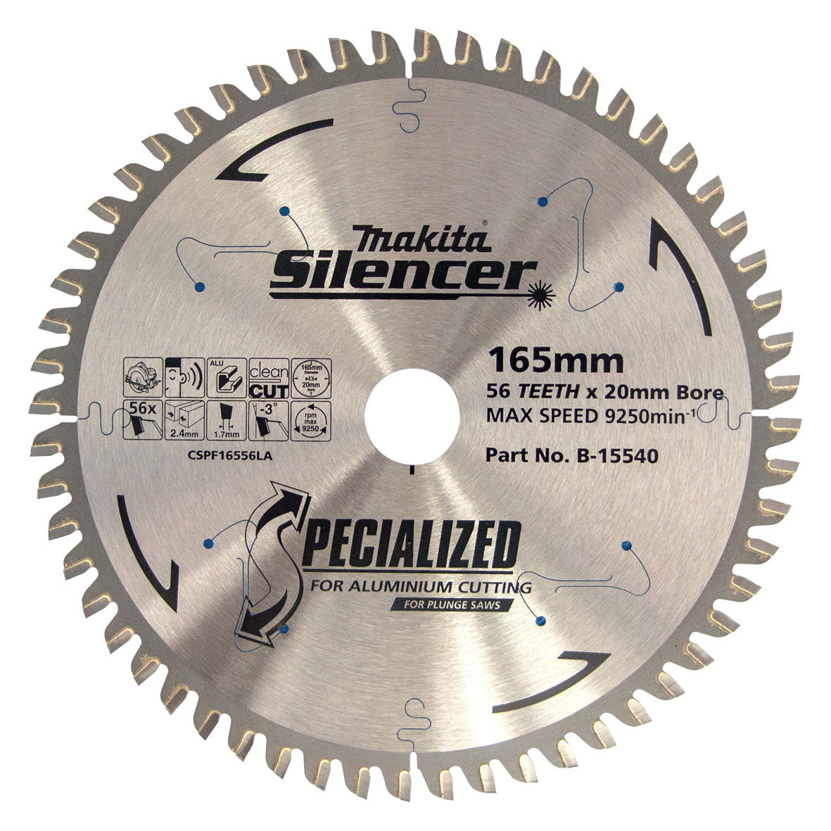 Makita Sawing Plunge Saw Tct Saw Blade 165mm X 20 X 56T / Aluminium 2.4mm Kerf | SKU B-15540