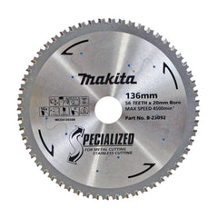 Makita Sawing 304 Grade Stainless Steel Tct Saw Blade 136mm X 20mm X 56T - Cermet | SKU B-23092