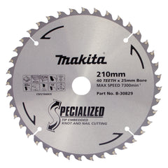 Makita Accessories - Knot & Nail TCT Saw Blade 210mm x 25mm x 40T | B-30829