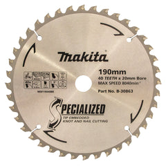 Makita Accessories - Knot & Nail TCT Saw Blade 190mm x 20mm x 40T | B-30863