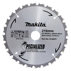 Makita Accessories - Knot & Nail TCT Saw Blade 216mm x 30mm x 24T | B-30879