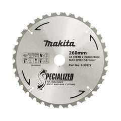 Makita Accessories - Knot & Nail TCT Saw Blade 260mm x 30/25.4mm x 32T | B-30972