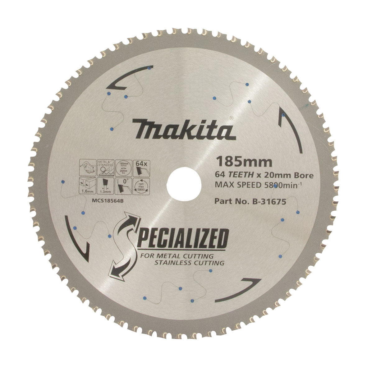Makita Sawing 304 Grade Stainless Steel Tct Saw Blade 185mm X 20mm X 64T - Cermet | SKU B-31675