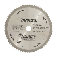 Makita Sawing 304 Grade Stainless Steel Tct Saw Blade 185mm X 20mm X 64T - Cermet | SKU B-31675