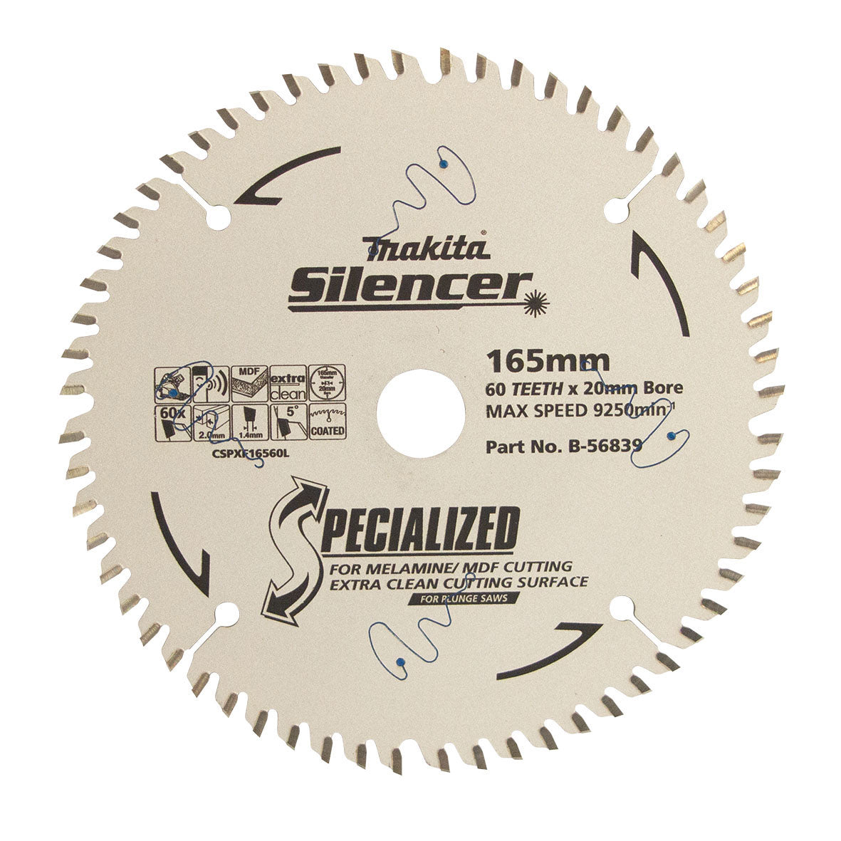 Makita Sawing Plunge Saw Tct Saw Blade 165mm X 20 X 60T / 2mm Thin Kerf Fine Finish | SKU B-56839